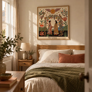 The Lovers Tarot Card Art, framed on the wall of a softly eclectic adult bedroom in a UK terrace with warm cream walls