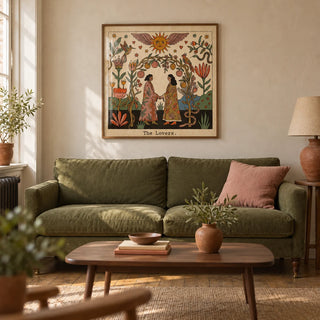 The Lovers Tarot Card Art, framed on the wall of a warm living room in a UK Victorian terrace with pale plaster walls and stripped wooden floorboards