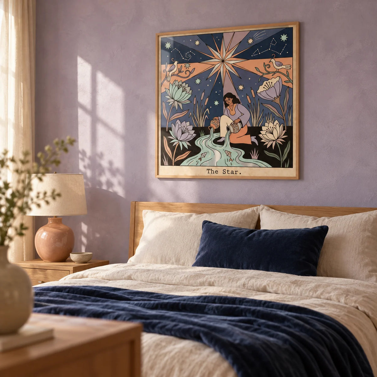 The Star Tarot Card Art, framed on the wall of a dreamy bedroom with a soft lavender limewashed wall
