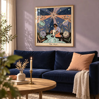 The Star Tarot Card Art, framed on the wall of a warm living room with a soft lavender wall
