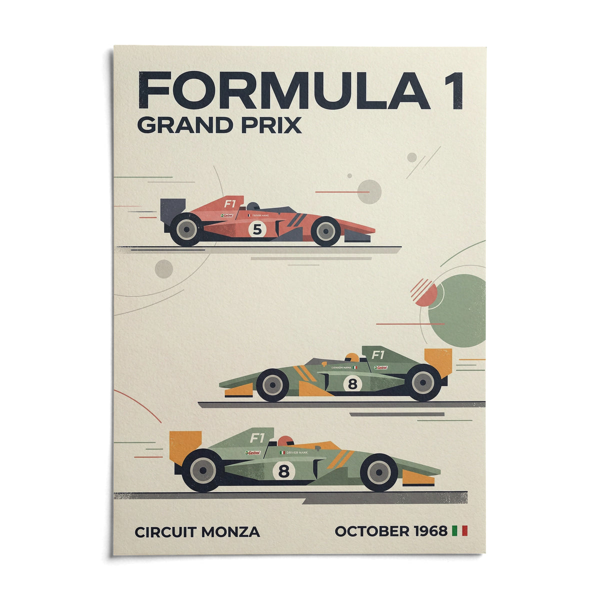 Three Classic Racing Cars Poster, shown as an unframed paper print on a plain white background
