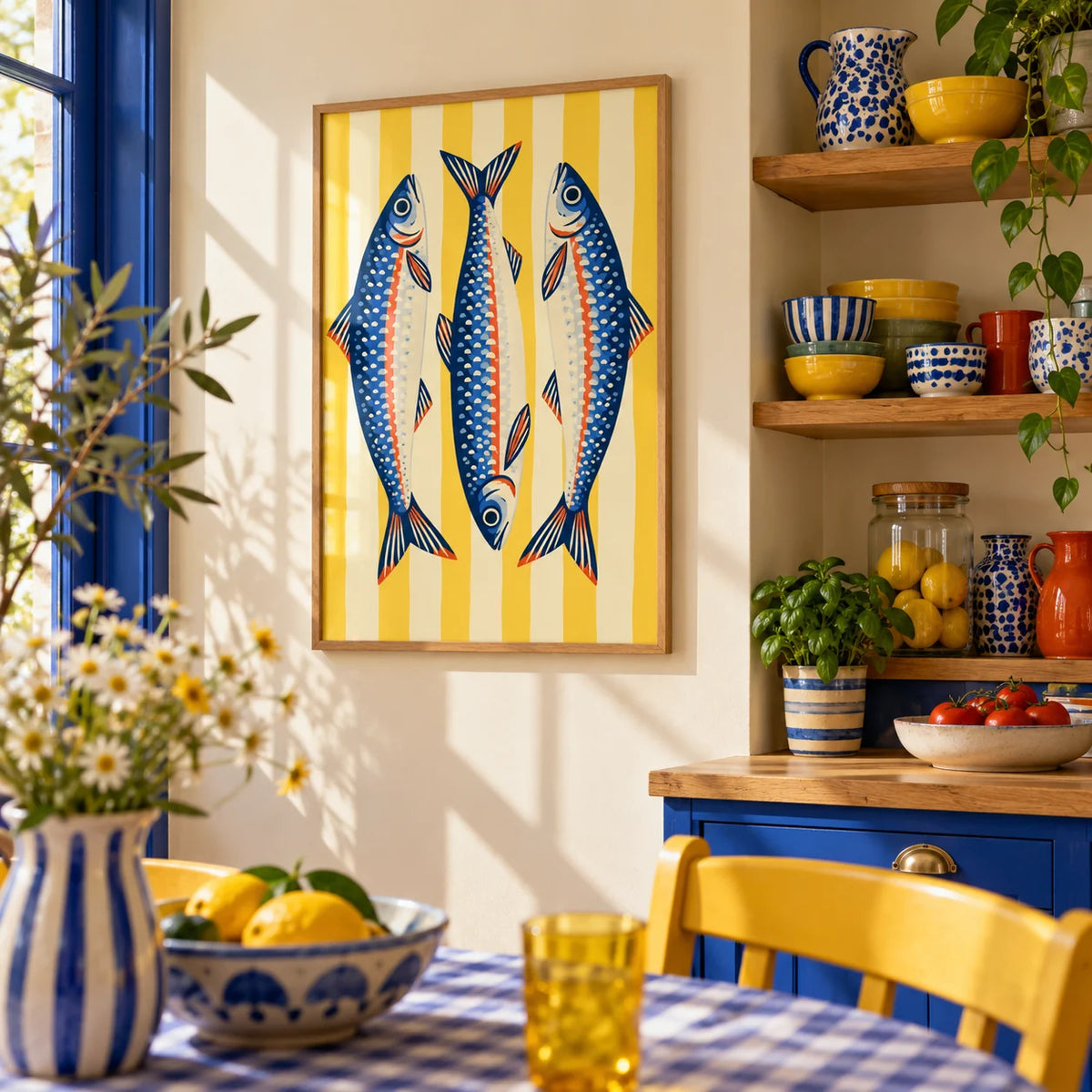 Three Sardines Print, framed on the wall of a fun kitchen corner