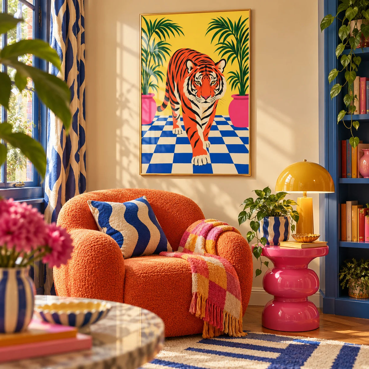 Tiger Stroll Poster, framed on the wall of a cosy maximalist reading nook in a living room