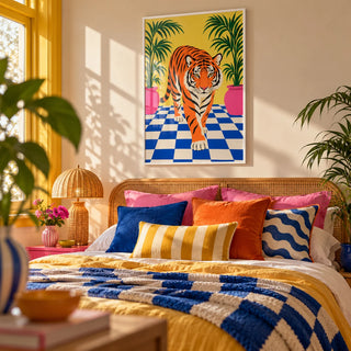 Tiger Stroll Poster, framed on the wall of a dopamine bedroom
