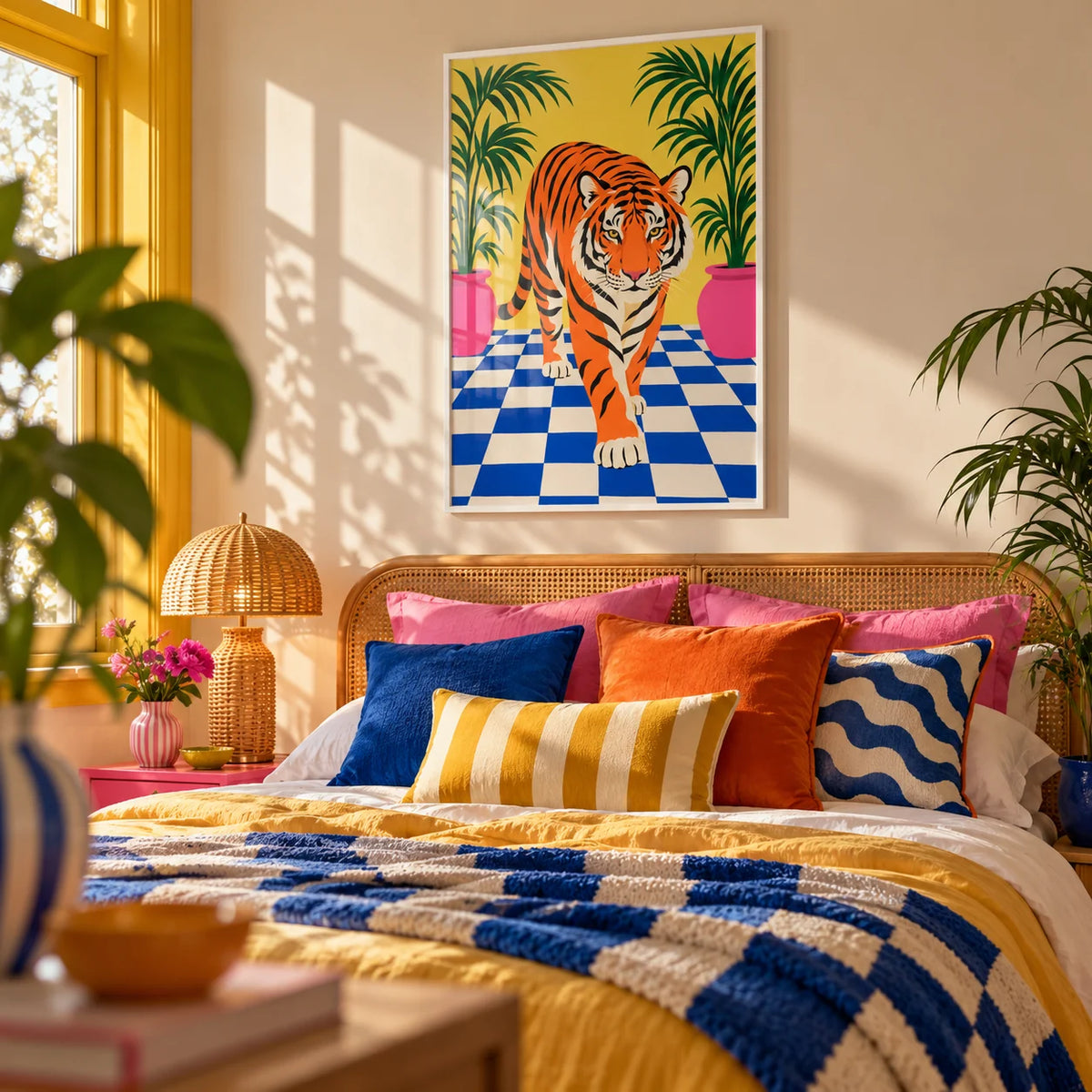 Tiger Stroll Poster, framed on the wall of a dopamine bedroom