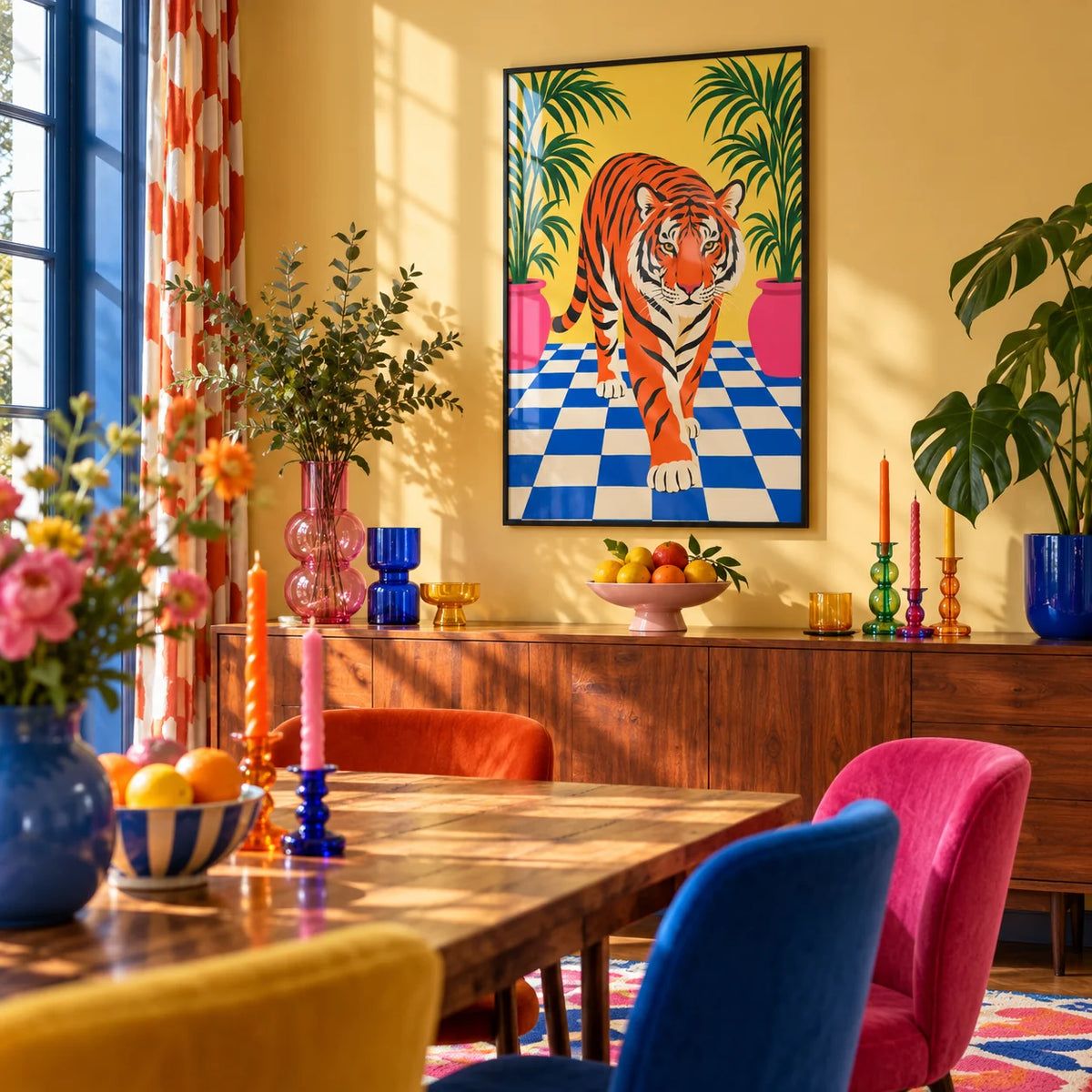 Tiger Stroll Poster, framed on the wall of a maximalist dining room