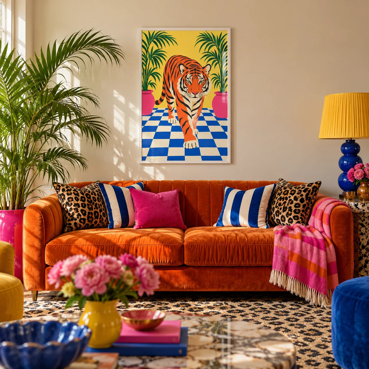 Tiger Stroll Poster, framed on the wall of a maximalist living room