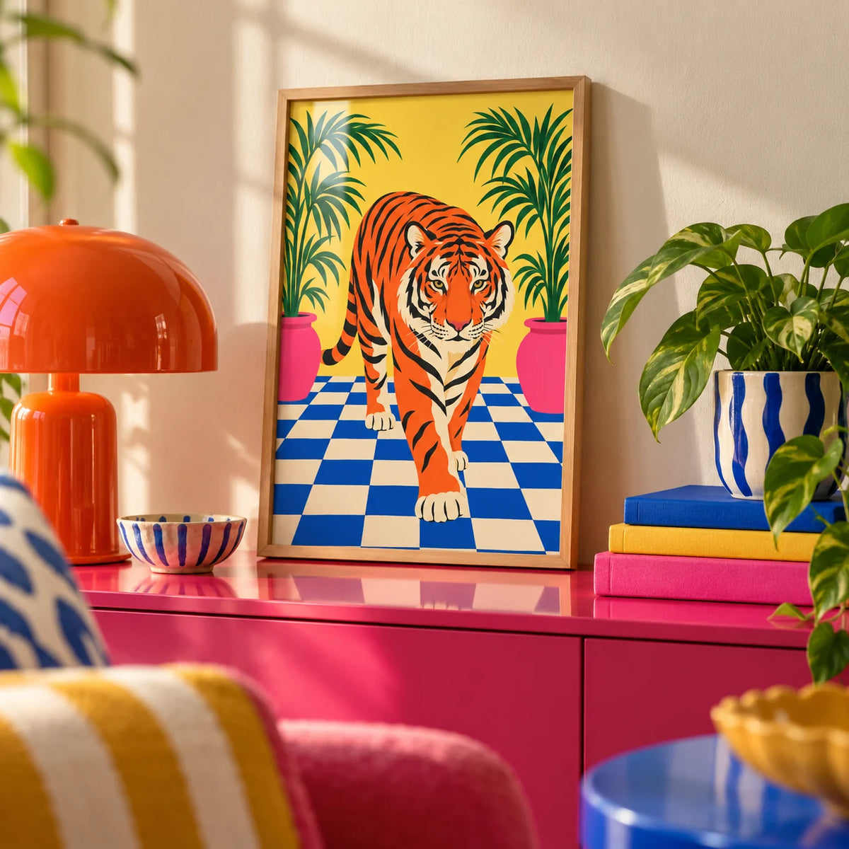 Tiger Stroll Poster, a small A4 framed print leaning on a colourful lacquered shelf in a living room