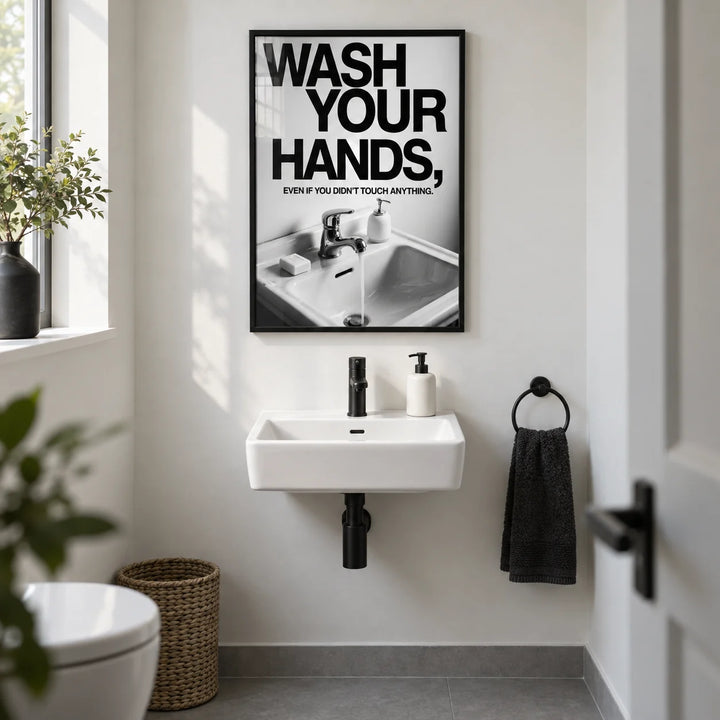 Toilet Wall Art Funny, framed on the wall of a small downstairs cloakroom loo with a plain white wall and a plain grey floor