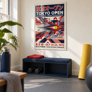 Tokyo Open Tennis Print, framed on the wall of a compact home exercise room in a UK terraced house