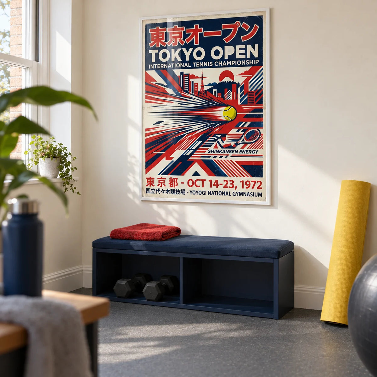 Tokyo Open Tennis Print, framed on the wall of a compact home exercise room in a UK terraced house