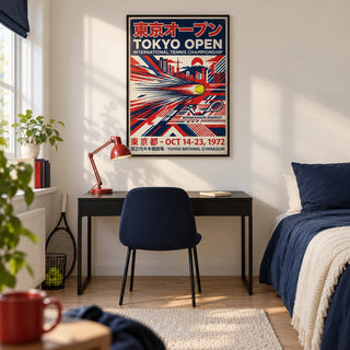 Tokyo Open Tennis Print, framed on the wall of a crisp teenage tennis fan's single bedroom (16-17) in a UK family home