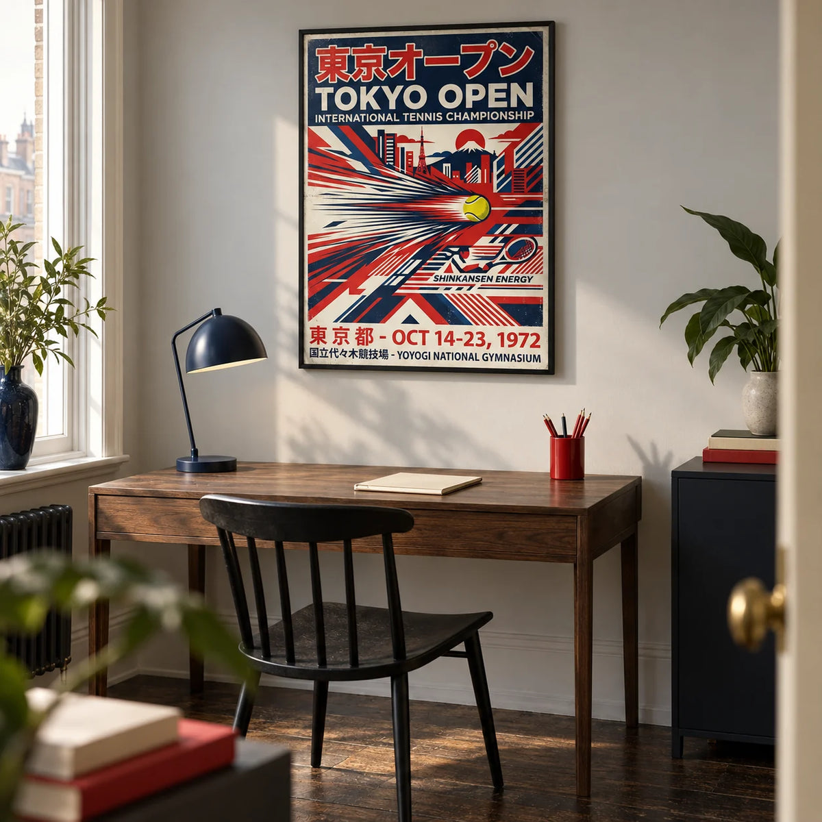 Tokyo Open Tennis Print, framed on the wall of a design-led home office in a British city flat