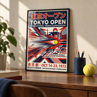 Tokyo Open Tennis Print, a small A4 framed print leaning on a walnut desk