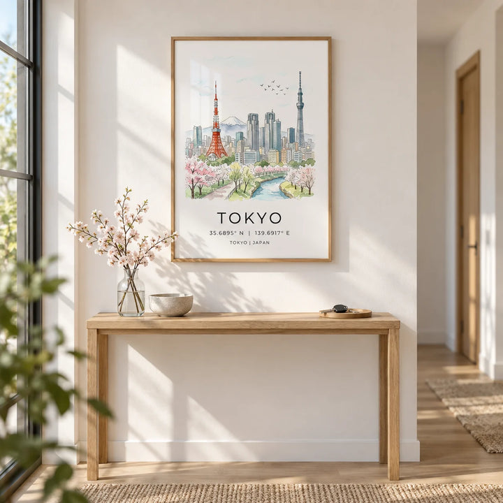 Tokyo Skyline Art Print, framed on the wall of a bright hallway with a white wall