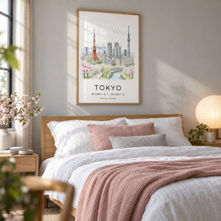 Tokyo Skyline Art Print, framed on the wall of a calm bedroom with a pale grey wall