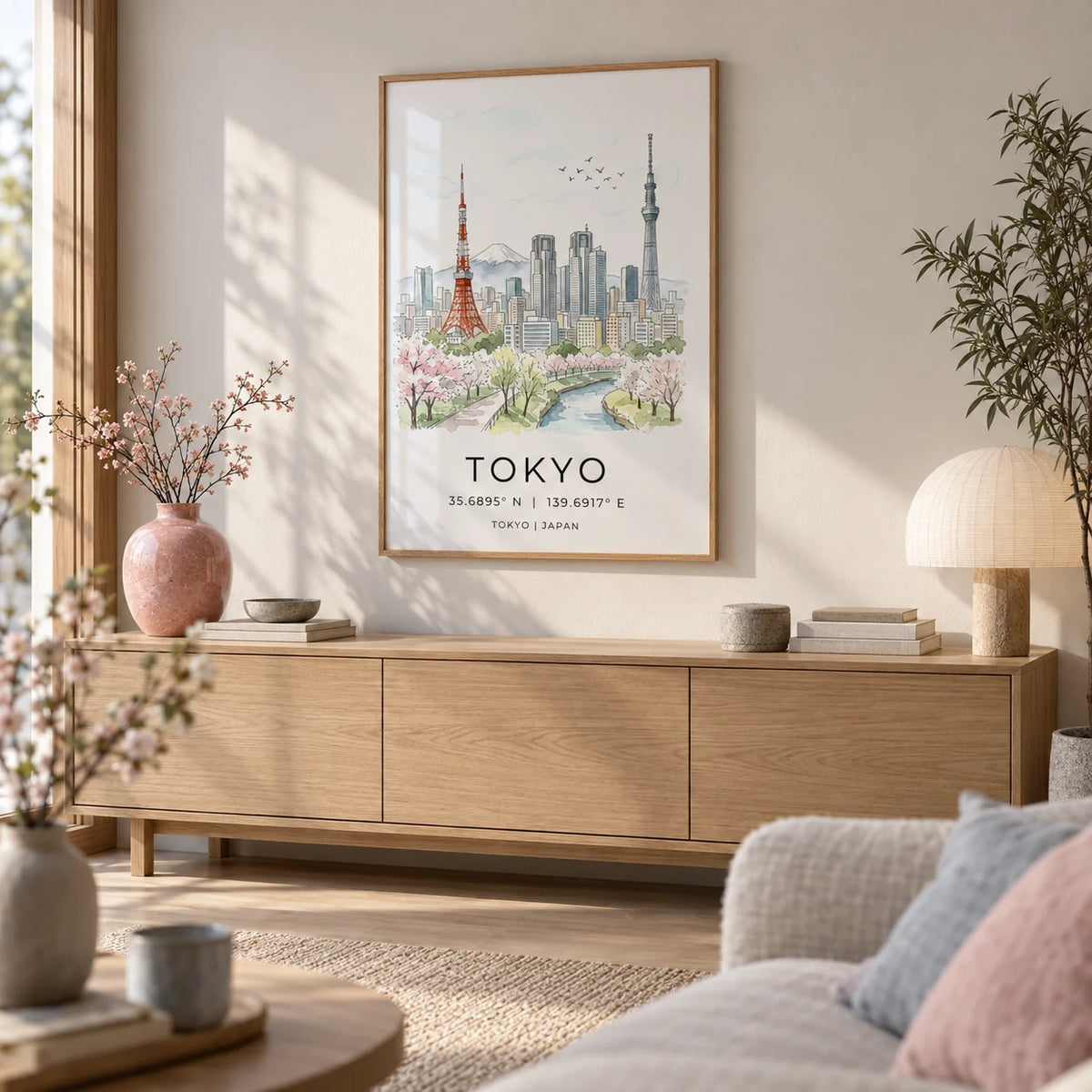 Tokyo Skyline Art Print, framed on the wall of a calm Japandi living room