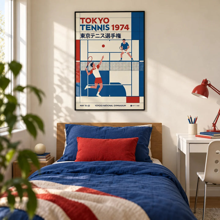 Tokyo Tennis Poster, framed on the wall of a fresh teen boy's bedroom (13-17) with a cream wall