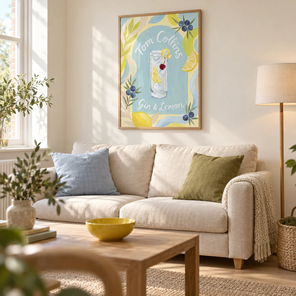 Tom Collins Art Print, framed on the wall of a light living room in a UK first home with cream walls and a pale wood floor