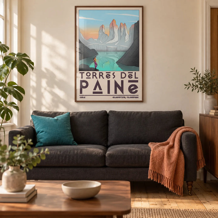 Torres Del Paine Art Print, framed on the wall of a warm contemporary living room in a UK Victorian terrace with cream plaster walls