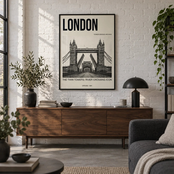 Tower Bridge Art Print, framed on the wall of a London city-flat living room with an exposed brick wall painted white and a concrete floor