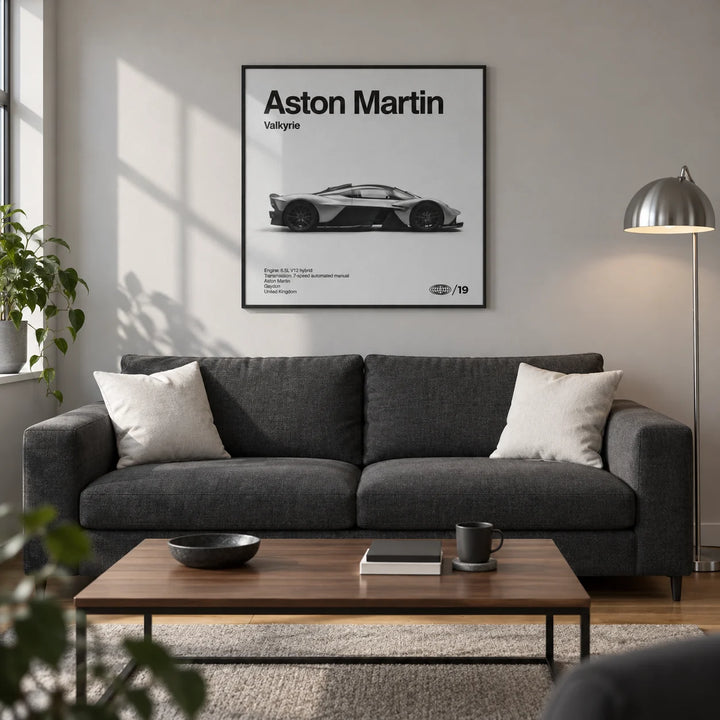 Track Hypercar Poster, framed on the wall of a modern living room in a young car enthusiast's UK first flat (22-28)