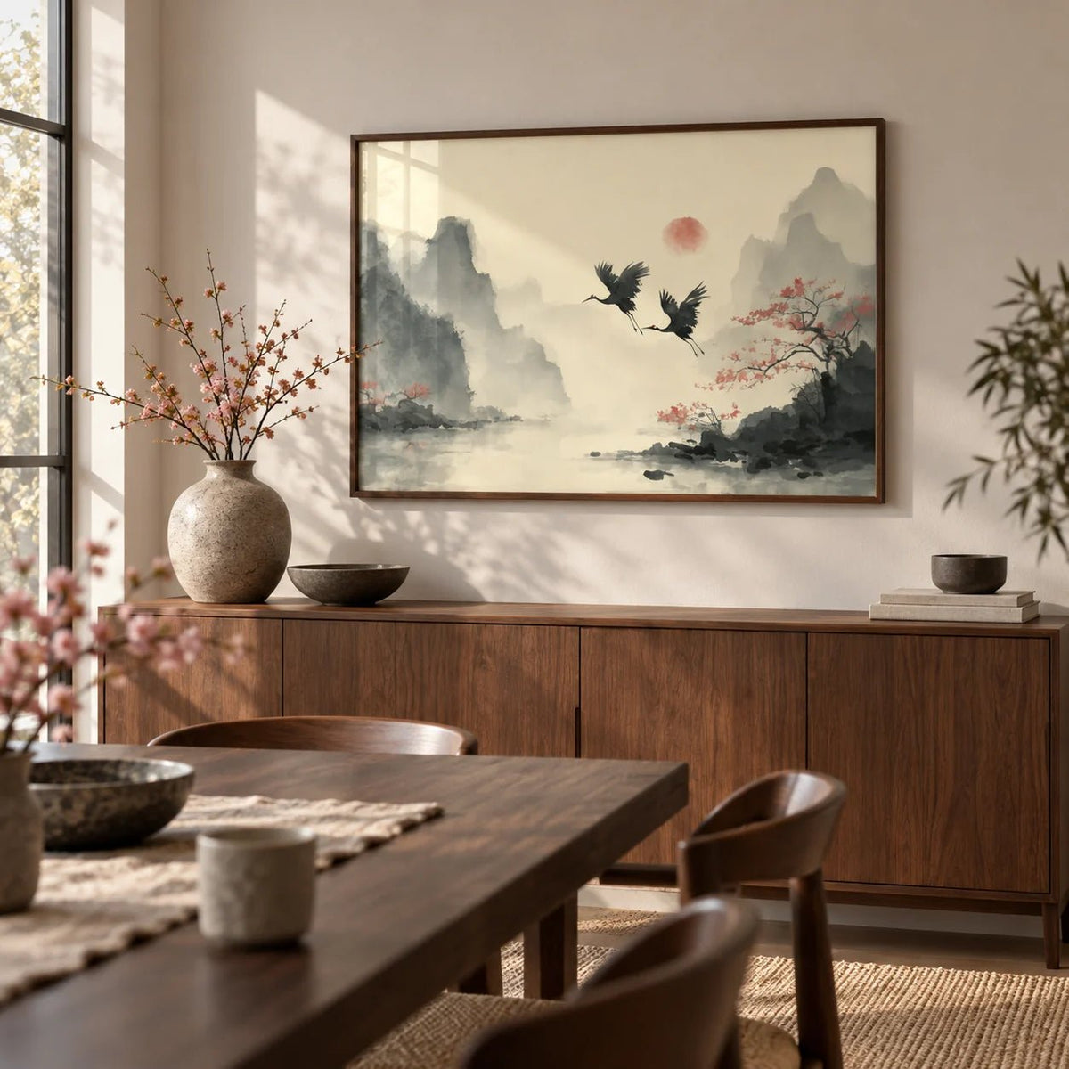 Traditional Ink Wall Art, framed on the wall of a calm dining room
