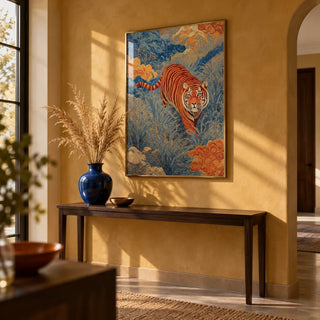 Traditional Japanese Tiger Art, framed on the wall of a hallway with a warm gold limewashed wall