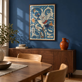 Traditional Tsuru Print, framed on the wall of a calm dining room with a cobalt blue painted wall
