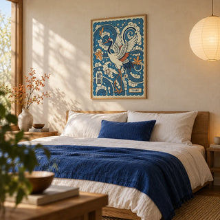 Traditional Tsuru Print, framed on the wall of a calm Japanese-modern bedroom with a smooth cream plaster wall