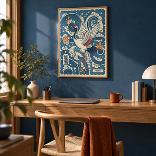 Traditional Tsuru Print, framed on the wall of a Japanese-modern home office with an indigo wall