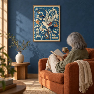 Traditional Tsuru Print, framed on the wall of a Japanese-modern living room with an indigo blue limewashed wall and pale oak floorboards
