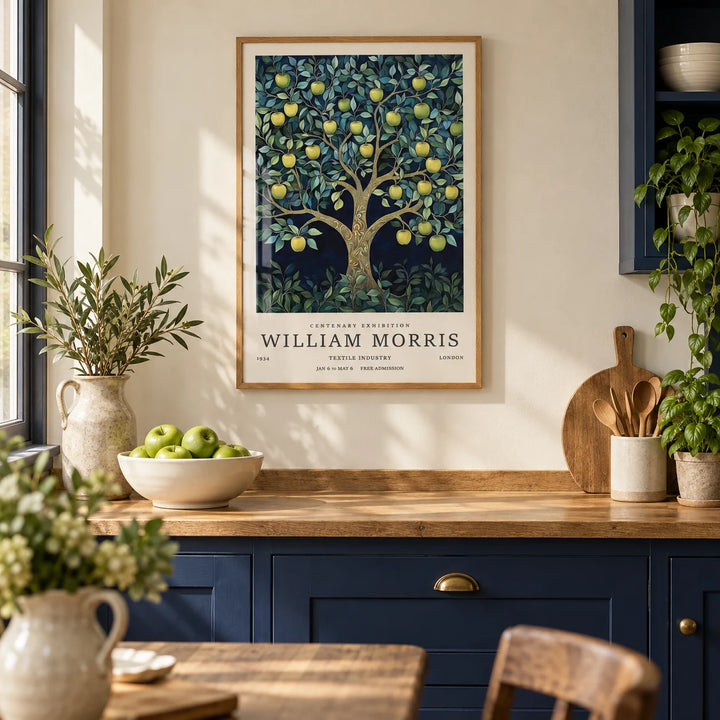 Tree Art Print, framed on the wall of a country kitchen with navy painted cabinets and a cream wall