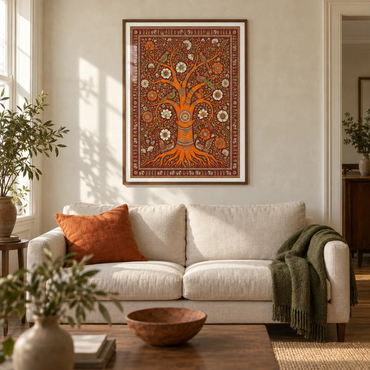 Tree Of Life Art, framed on the wall of a warm living room in a Victorian terrace with cream limewashed walls