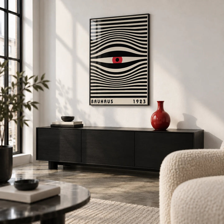 Trippy Wall Art, framed on the wall of a crisp monochrome city-flat living room