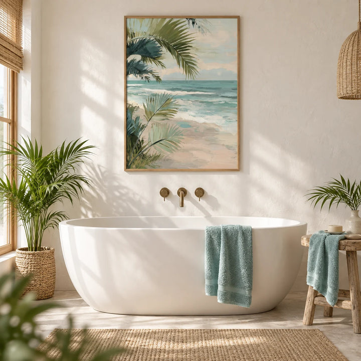 Tropical Beach Art, framed on the wall of a bright coastal bathroom with a white plaster wall