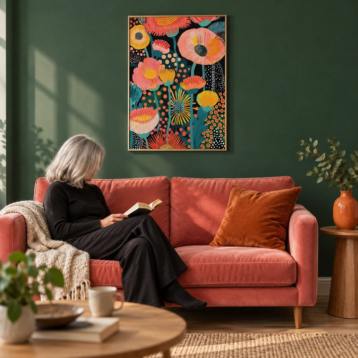 Tropical Floral Print, framed on the wall of a modern living room with a deep green painted wall and pale oak floorboards