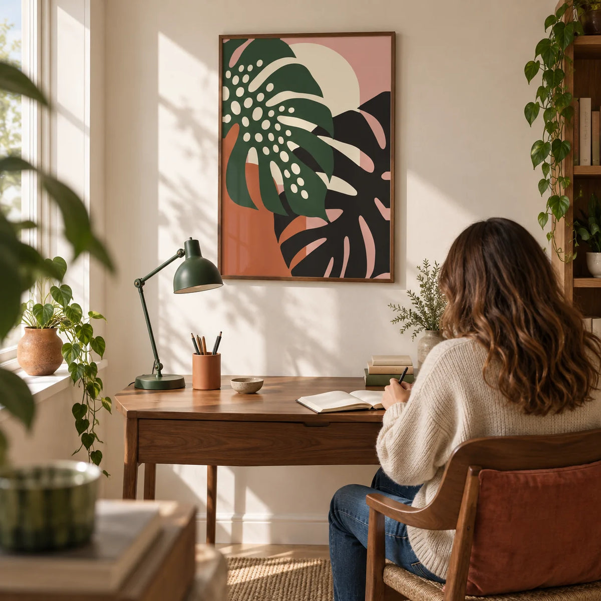 Tropical Leaf Print, framed on the wall of a bright study in a design-conscious UK first home for an adult aged 25-35