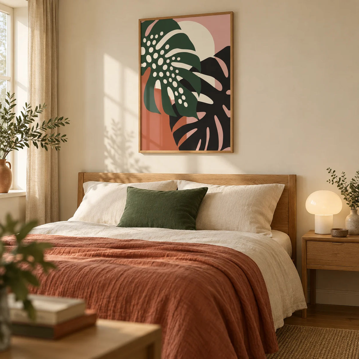 Tropical Leaf Print, framed on the wall of a calm adult bedroom in a UK home with a warm cream wall and oak furniture