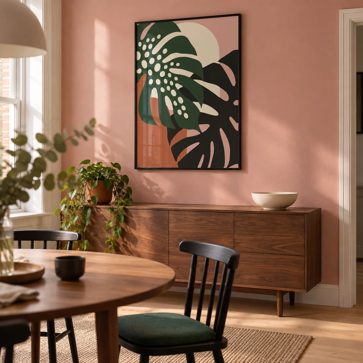 Tropical Leaf Print, framed on the wall of a compact modern dining room in a UK flat with a muted salmon pink wall and pale timber flooring