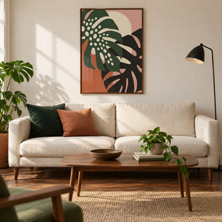 Tropical Leaf Print, framed on the wall of a mid-century living room in a UK terraced home with warm white walls and walnut floorboards