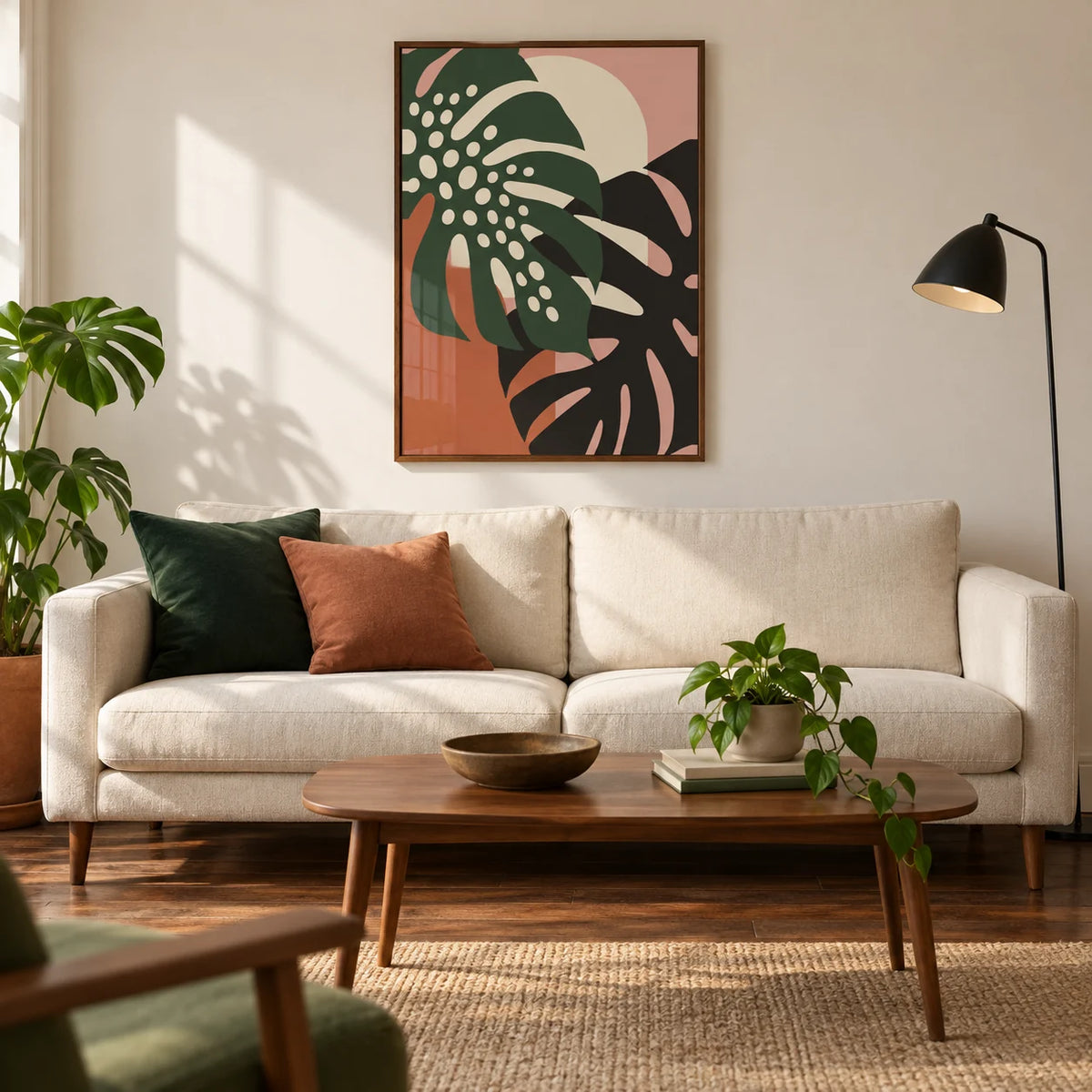 Tropical Leaf Print, framed on the wall of a mid-century living room in a UK terraced home with warm white walls and walnut floorboards