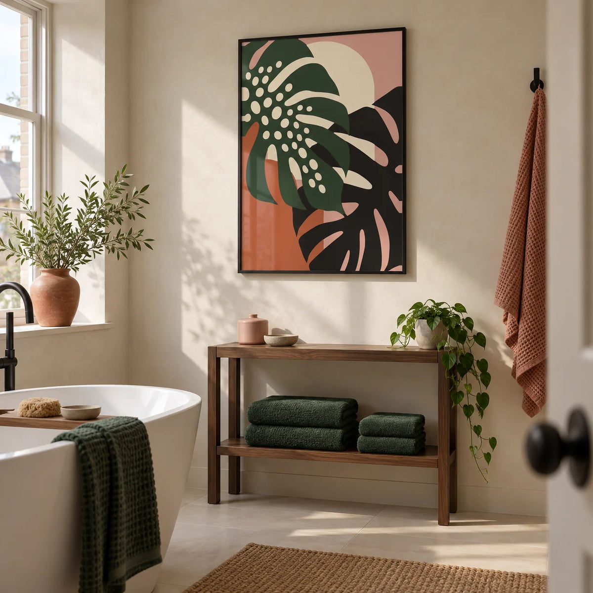 Tropical Leaf Print, framed on the wall of a modern bathroom in a renovated UK terrace with cream plaster walls and plain cream floor tiles