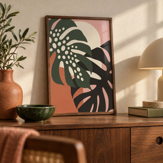 Tropical Leaf Print, a small A4 framed print leaning on a walnut sideboard in a living room