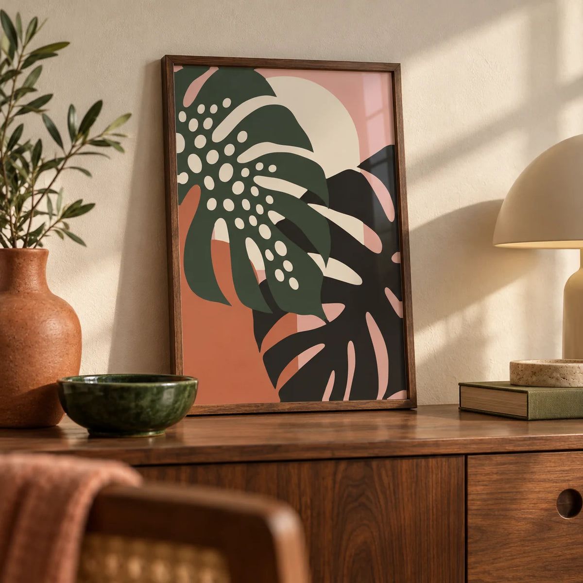 Tropical Leaf Print, a small A4 framed print leaning on a walnut sideboard in a living room