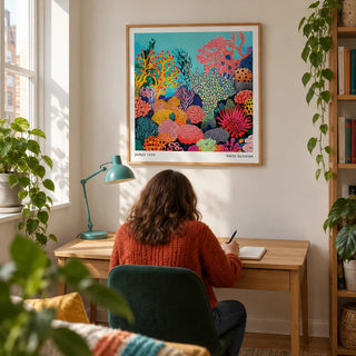 Tropical Sea Wall Art, framed on the wall of a compact creative study in a UK city flat with an off-white wall and a plain dark green desk chair