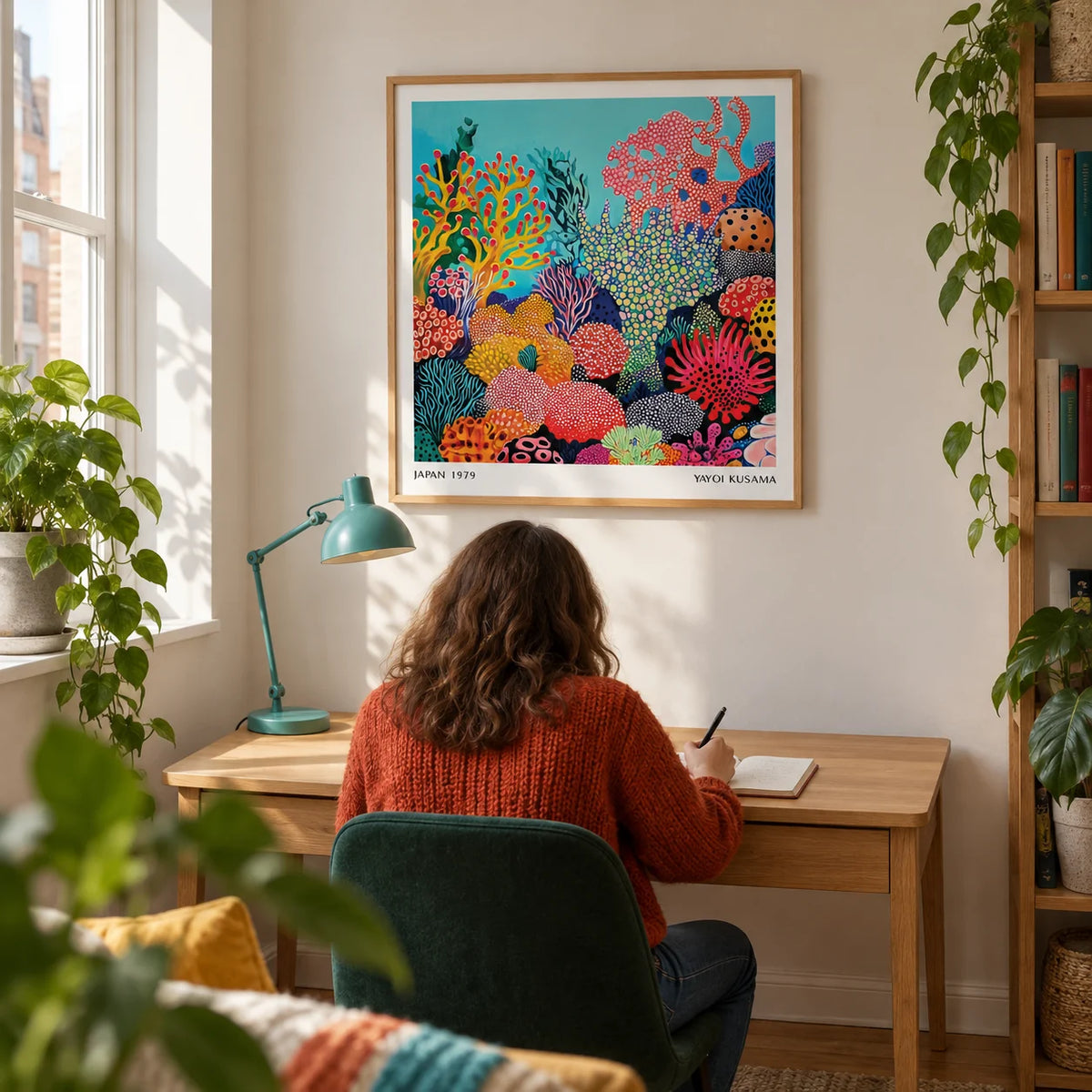 Tropical Sea Wall Art, framed on the wall of a compact creative study in a UK city flat with an off-white wall and a plain dark green desk chair