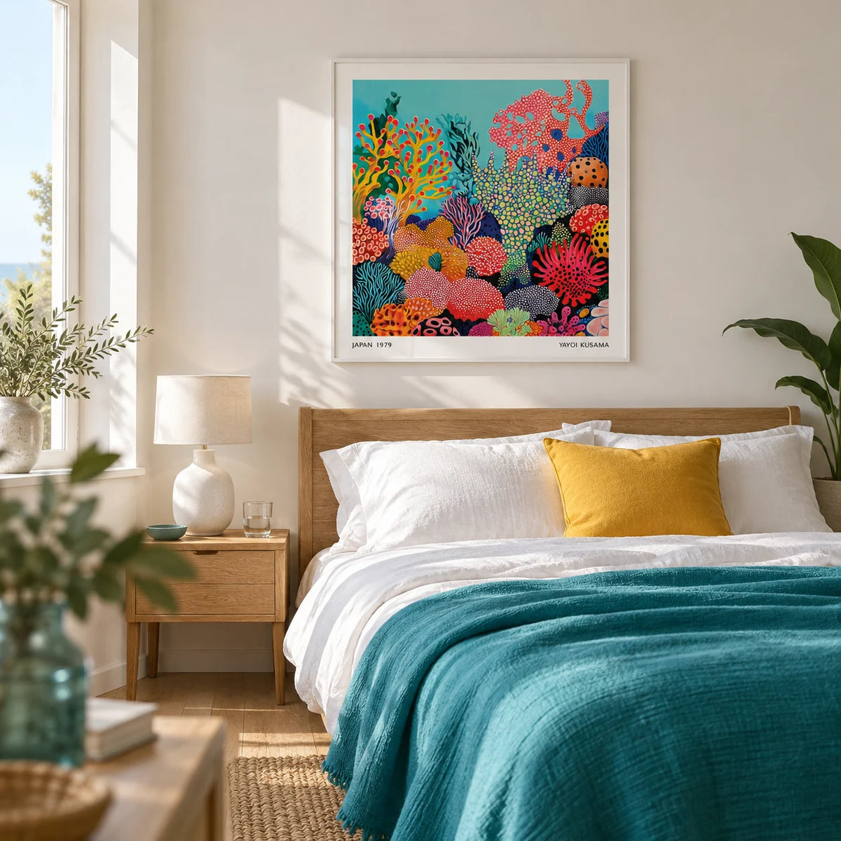 Tropical Sea Wall Art, framed on the wall of a contemporary coastal bedroom in a UK home with a soft white wall and pale oak floor
