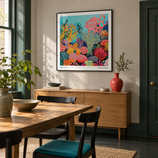 Tropical Sea Wall Art, framed on the wall of a design-led dining room in a Victorian terrace with a pale warm grey wall and dark green painted joinery
