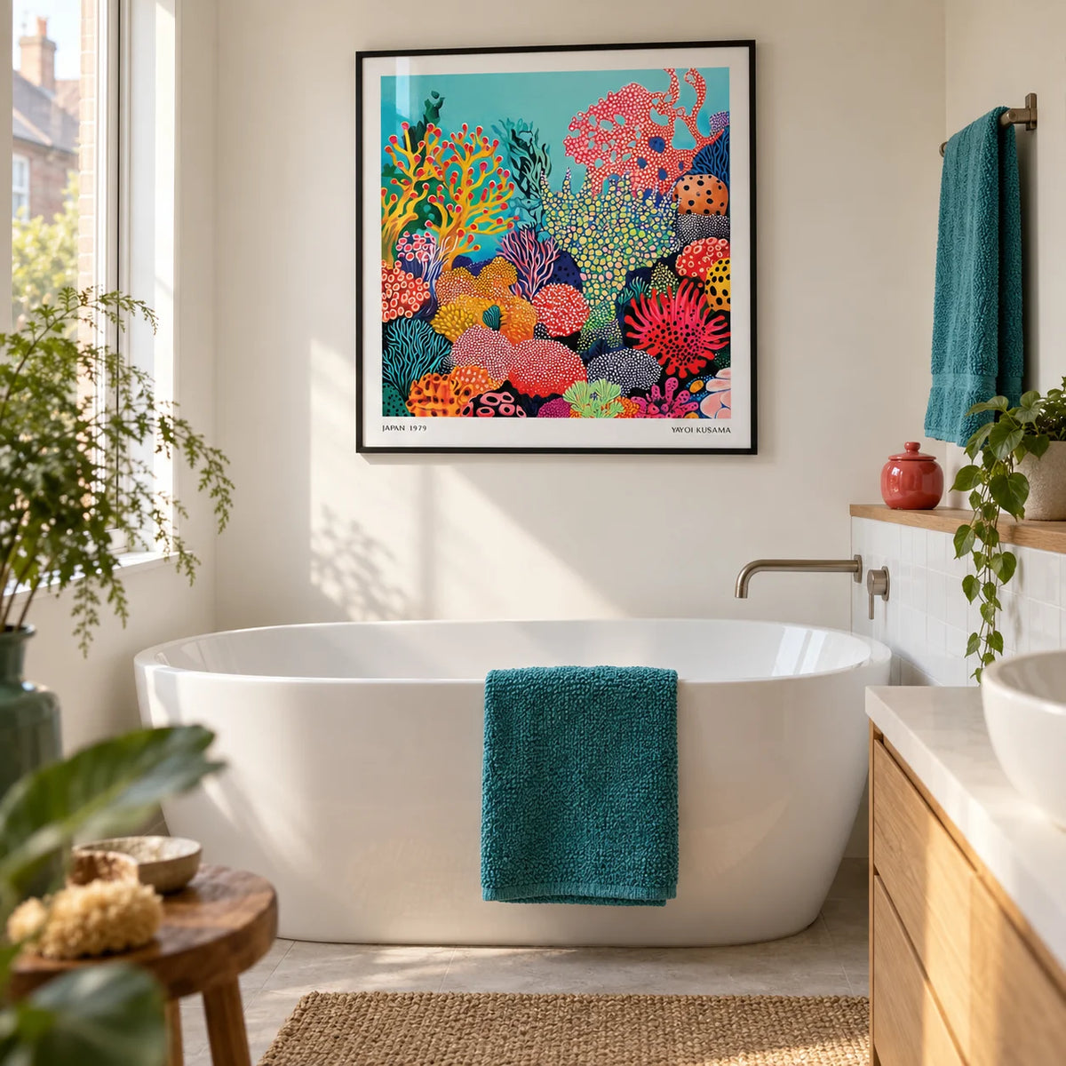 Tropical Sea Wall Art, framed on the wall of a modern bathroom in a renovated UK terrace with a warm white painted wall